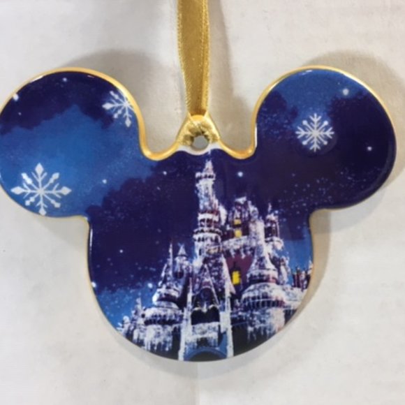NWT Disney Parks Mickey Mouse Ceramic Christmas 2 Sided Ornament Castle & Wreath - Picture 7 of 8
